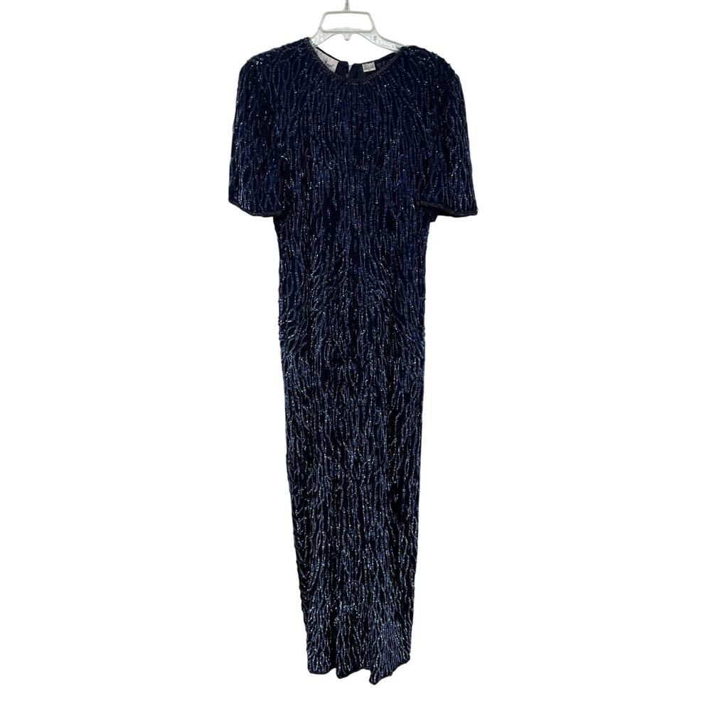 Vintage Laurence Kazar Silk Sequin Dress Gown XL Blue Maxi Evening Event Wedding